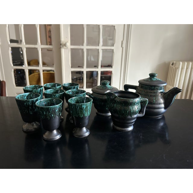 Complete 1950s/60s lava-style ceramic tea set, signed petit massé morvan teapot: h 18cm, w 22cm, d 15cm sugar bowl: h...