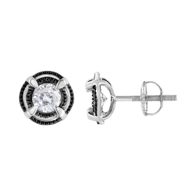 Contemporary Black Rhodium Plated .925 Sterling Silver Round 1/2 cttw Diamond Double Halo 4-Prong Solitaire Milgrain Stud Earrings - 2 Pieces For Sale - Image 3 of 7