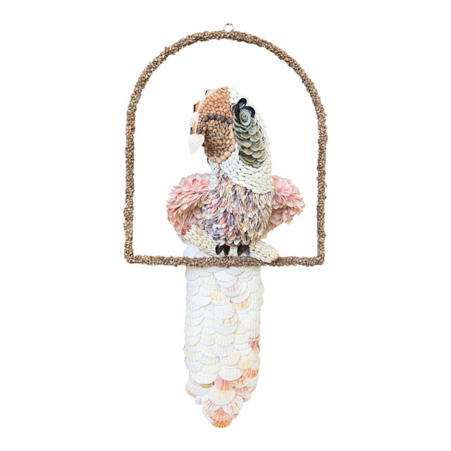 Custom Seashell Encrusted Cockatoo Parrot Sculpture on Hanging Perch For Sale