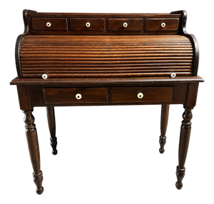 1980s Ethan Allen Antiqued Pine Old Tavern 40" Ladies Petite Roll Top Desk With Drawer