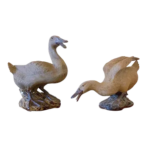 Antique Chinese YiXing ZiSha Purple Clay Highly Detailed Lucky Duck Sculptural Figurines - Set of 2