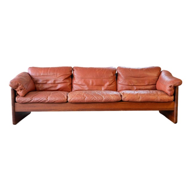 Vintage Danish Cognac Leather and Teak Sofa Attributed to Mikael Laursen For Sale