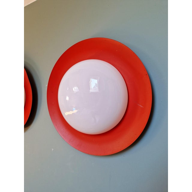 Space Age Round Wall Sconces in Orange Lacquered Metal and White Opaline Glass, 1960s, Set of 2 For Sale - Image 13 of 18