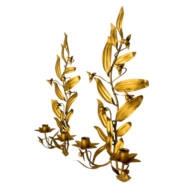 Mid-Century Modern Vintage Italian Gilt Tole Floral Wall Sconces, Pair – Hollywood Regency / Italian Provincial For Sale - Image 3 of 9
