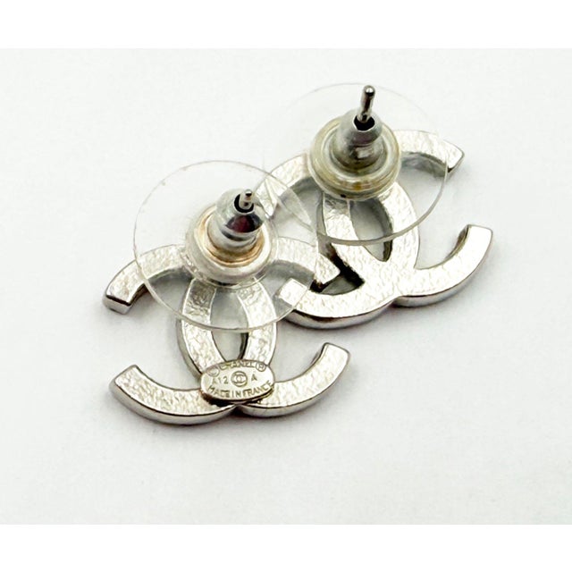 Contemporary Chanel Classic Silver CC Crystal Moscova Piercing Earrings, Pair For Sale - Image 3 of 4