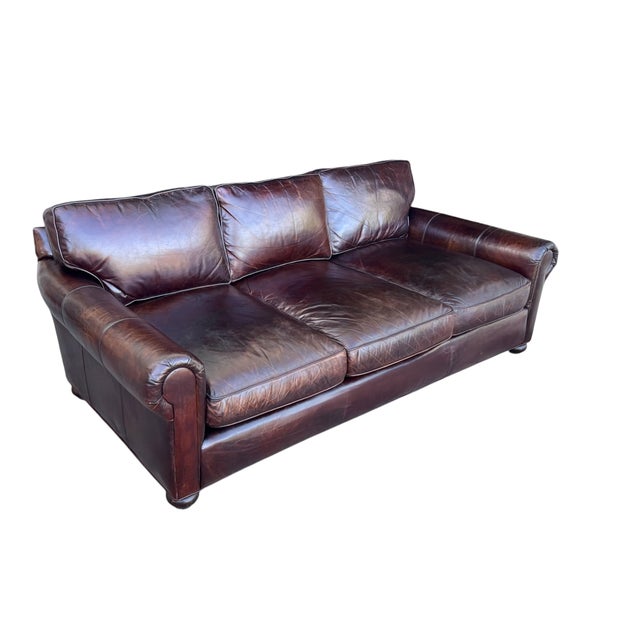 1980s Restoration Hardware Medium Brown Leather Sofa With Feather-Filled Cushions For Sale - Image 5 of 10