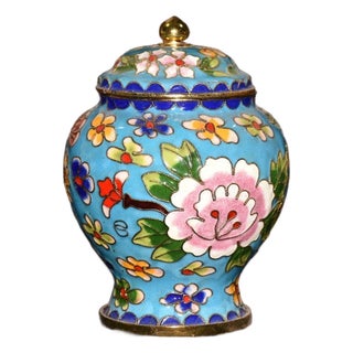 Vintage Blue Cloisonné Enamel Ginger Jar With Peony Motif and Lid For Sale