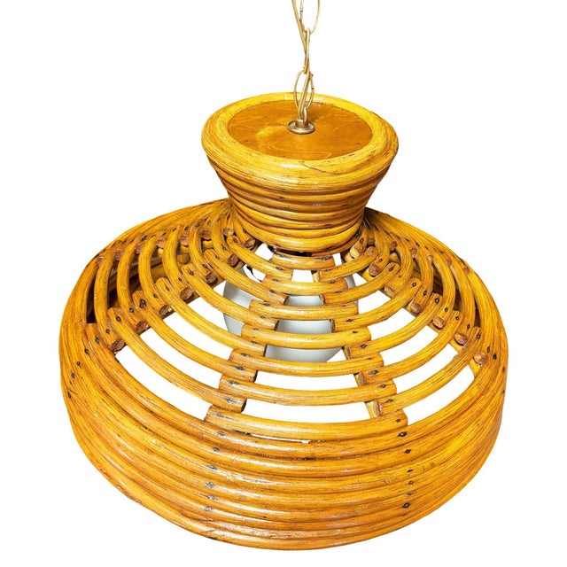 1960s Restored Mid-Century Hanging Rattan Ceiling Lamp Chandiler W/ Center Globe For Sale - Image 4 of 9