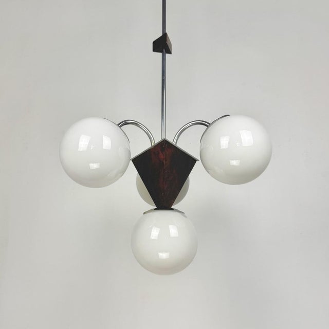 Art Deco Bauhaus Style Wood and White Glass Globes Pendant Light, 1930s For Sale - Image 10 of 10