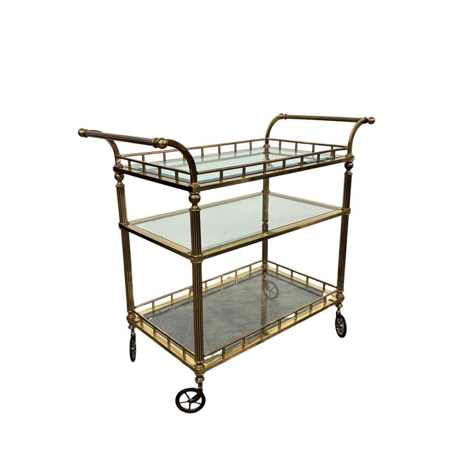 Late 20th Century Vintage Regency Style Brass & Glass Three-Tier Bar Cart With Large Casters For Sale - Image 5 of 8