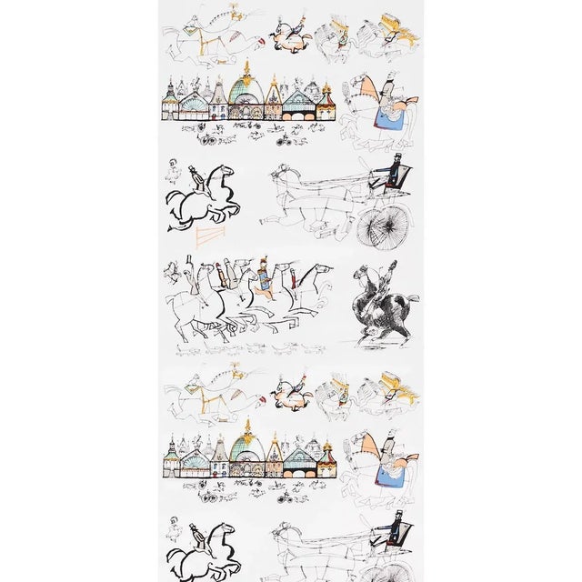 This fanciful equestrian design showcases a series of stylized horse-racing illustrations, resulting in a whimsical...