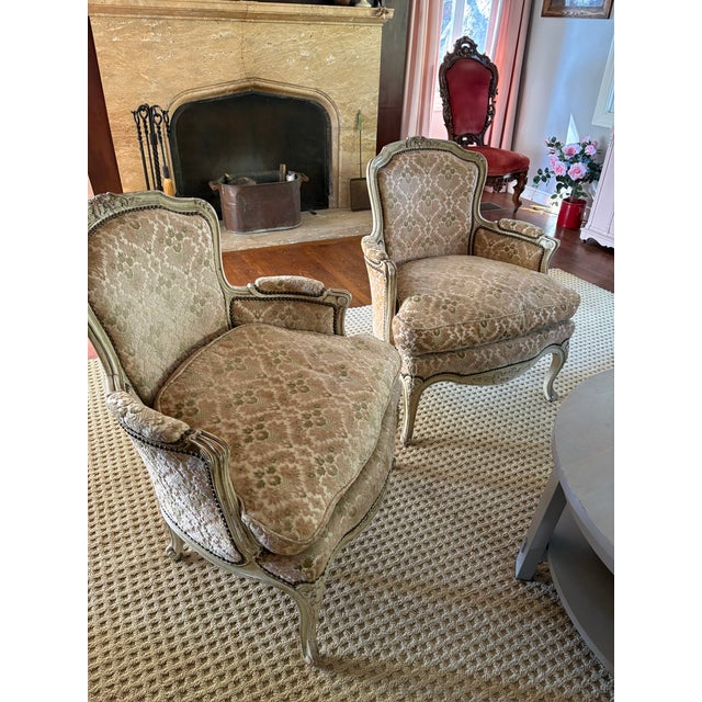 Louis XVI Style Distressed Cream Painted Bergere Chairs - A Pair For Sale - Image 4 of 12