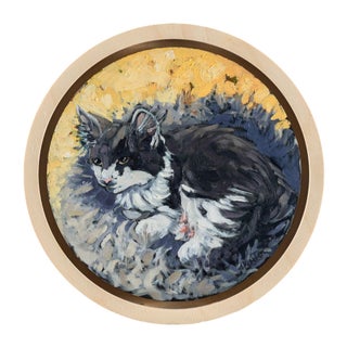 The Comfy Place by Deb Komitor | Oil On Birch Panel Painting of a resting black and white cat For Sale