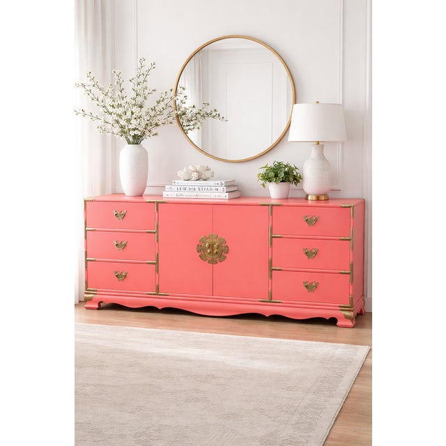 Exceptional Hollywood Regency–style Asian-inspired dresser professionally refinished in Tucson Coral lacquer with a satin...