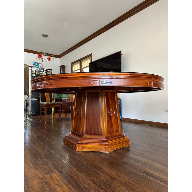 Vintage Burmese Rosewood Mid-Century Chinese Round Dining Table & 10 Chairs Set With Lazy Susan For Sale - Image 4 of 12