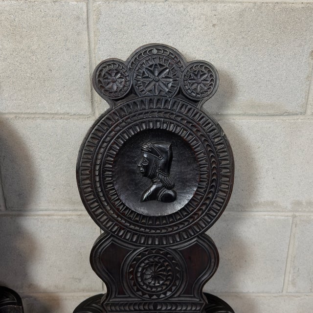 Antique Neo-Renaissance Black Carved Wood Chairs, 19th Century, Set of 2 For Sale - Image 6 of 11