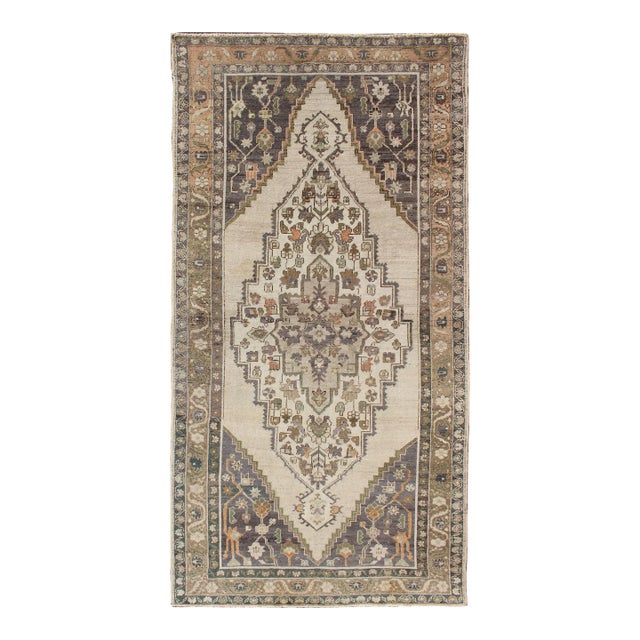 Vintage Turkish Oushak Rug With Ivory Field and Deep Lavender and Sage 4'9 X 9'10 For Sale