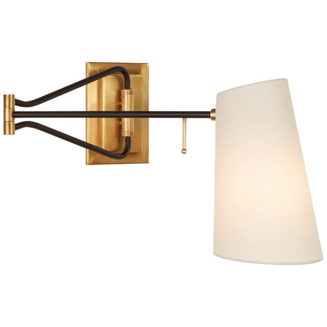 Modern AERIN for Visual Comfort Signature Keil Swing Arm Wall Light in Hand-Rubbed Antique Brass & Black with Linen Shade For Sale - Image 3 of 6