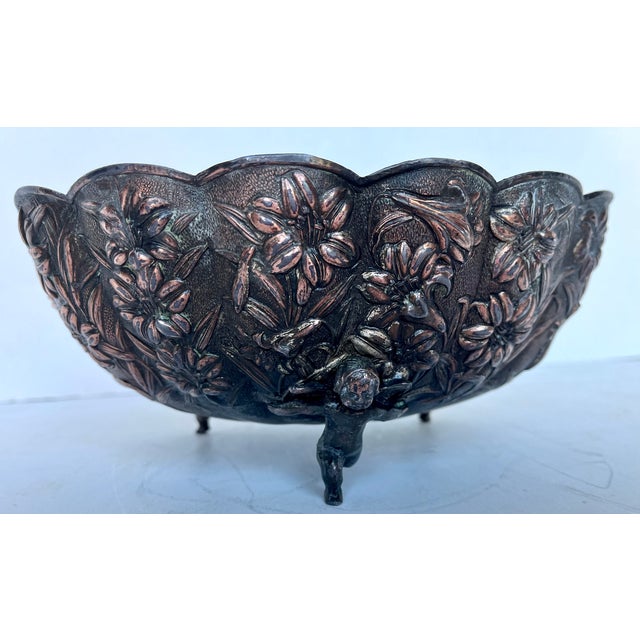 Copper Vintage Scalloped Embossed Copper Jardiniere Footed Bowl For Sale - Image 8 of 18