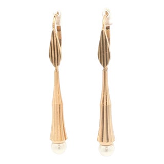Mid 20th Century 18k Gold Modernist Pearl Dangle Earrings, A Pair For Sale