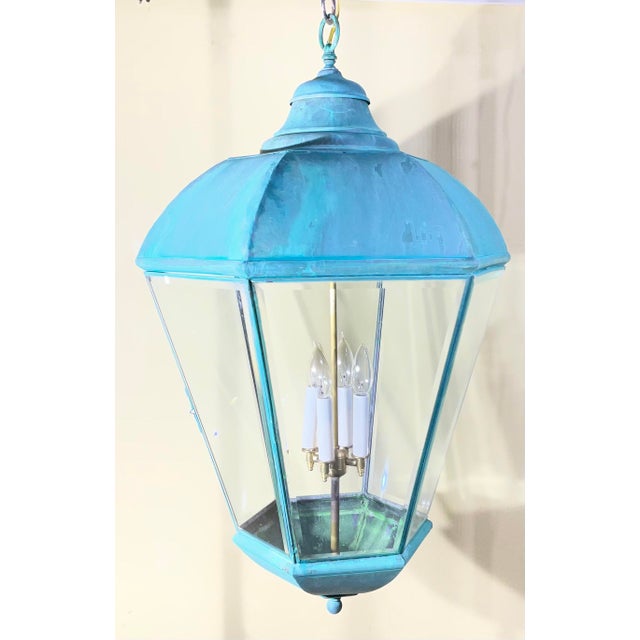 Metal Large Vintage Solid Brass Hanging Lantern Chandelier / 34” H X 21” W For Sale - Image 7 of 18