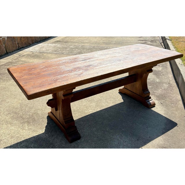 Early 20th Century Vintage Solid Plank Trestle Oak Farm Dining Table For Sale - Image 5 of 12