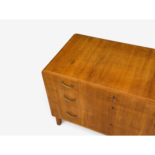 Brown Swedish Modern, Chest of Drawers, Elm, Brass, Sweden, 1940s For Sale - Image 8 of 13