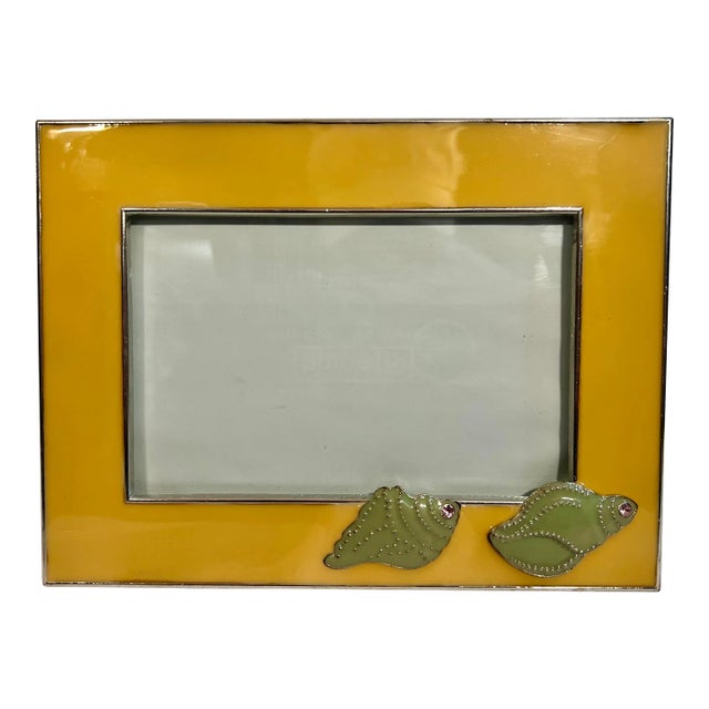 Vintage Palm Beach Regency Yellow Enameled Photo Frame With Sage Green Sea Shells Incrusted With Crystals For Sale