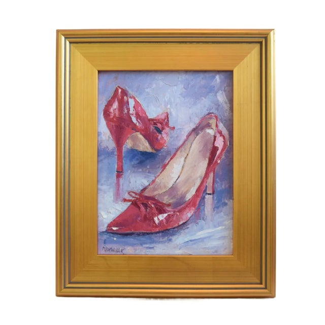 2020s Impressionist Fashion Red Stiletto Evening Shoes Oil Painting Displayed in a Antiqued Gold Wood Frame For Sale - Image 5 of 7