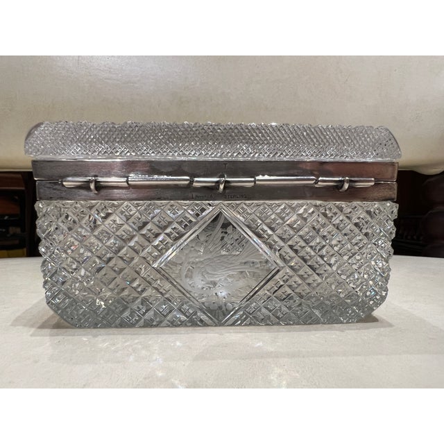 Art Nouveau Fine Hawkes Cut Crystal & Sterling Silver Ornithological Motif Box For Sale - Image 3 of 11