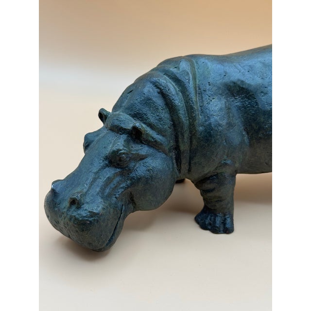 Traditional Late 20th Century Solid Cast Iron Hippopotamus Sculpture With Green Patinated For Sale - Image 3 of 11