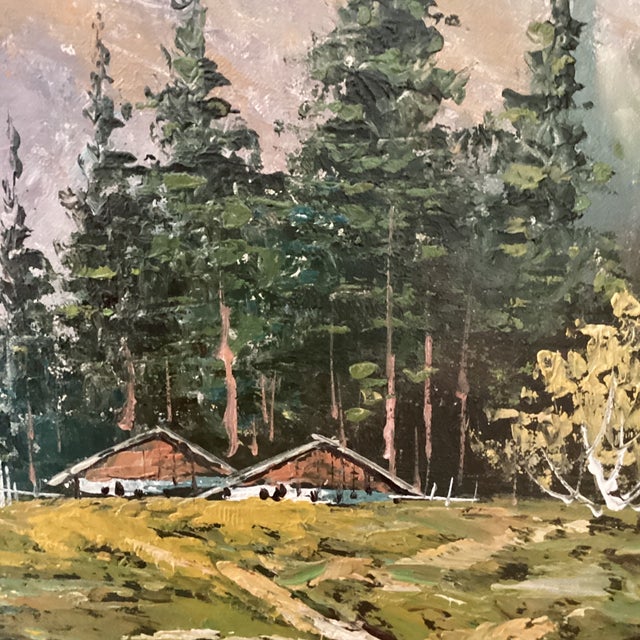 Sky Blue Original Painting of a Mountain Landscape with Lake and Evergreen Trees Signed Framed For Sale - Image 8 of 12