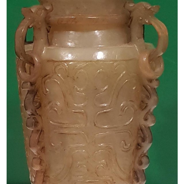 Chinese Green Jade Censer with Wooden Base Friezed with Decorations, 1920s For Sale - Image 4 of 5