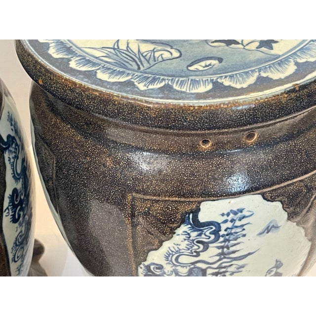 Pair Antique Chinese Brown Glaze With Blue & Withe Decor Garden Stools For Sale - Image 12 of 16