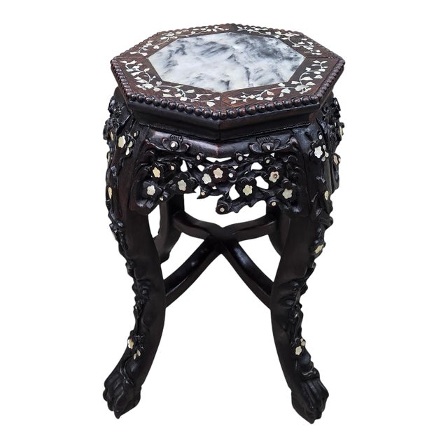 Antique Chinese Carved Side Table With Mother-of-Pearl Inlay For Sale