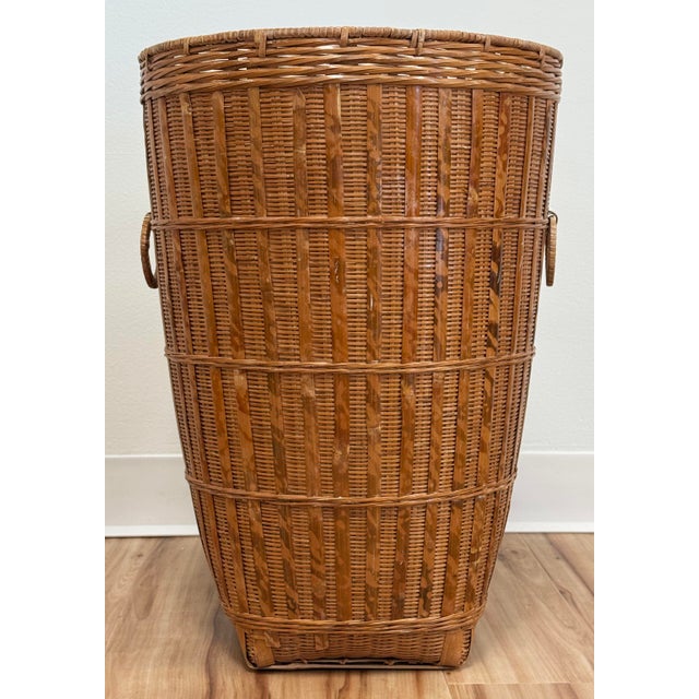 Boho Chic Vintage Tall Woven Split Reed Basket For Sale - Image 3 of 10