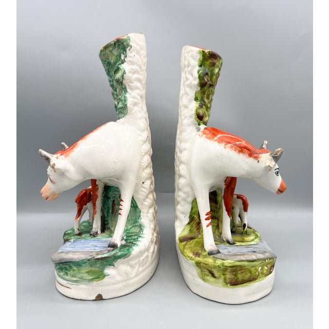 Victorian Large 19th Century Staffordshire English Cow and Calf Spill Vases, Pair – English Country / Victorian For Sale - Image 3 of 18