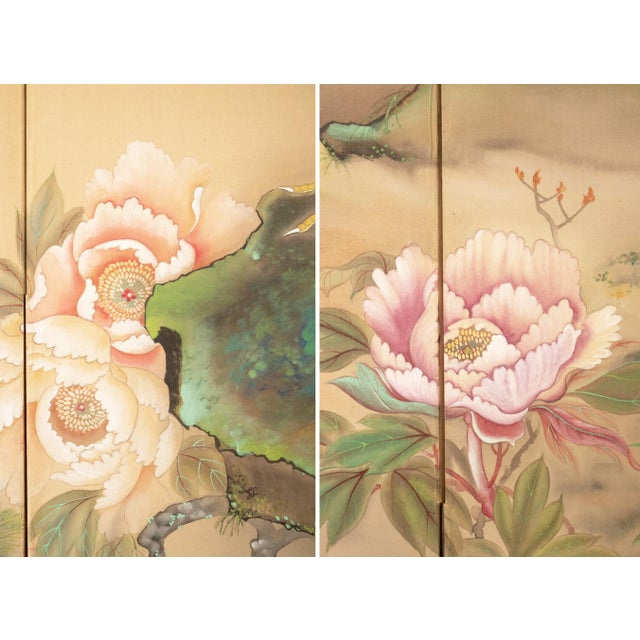 Wood "White Peacock & Peony" by Ryumin, Large Vintage Japanese Painted Silk Byobu Screen For Sale - Image 7 of 18