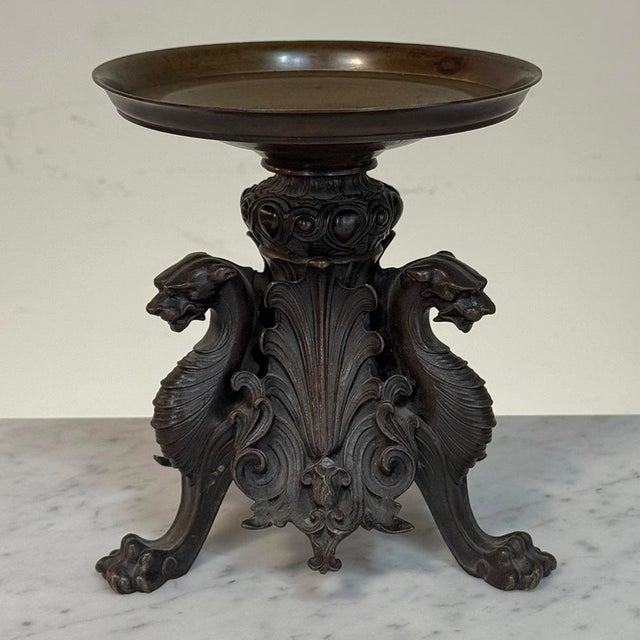 Pair of Renaissance Revival Bronze Rose Bowl ~ Pillar Candle Stands For Sale - Image 9 of 18