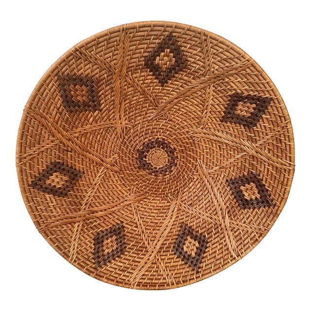 Vintage Handwoven Wall Basket - 18" Southwestern Boho Basket Tray With Diamond Motif & Spiral Center For Sale