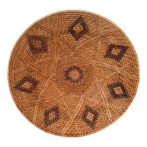 Vintage Handwoven Wall Basket - 18" Southwestern Boho Basket Tray With Diamond Motif & Spiral Center