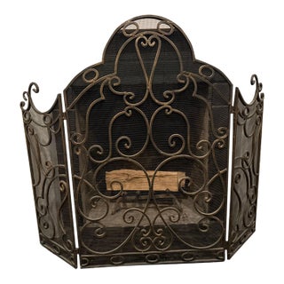 Ornate 3-Panel Solid Wrought Iron Fireplace Screen – Scrollwork For Sale