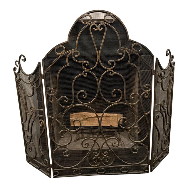 Ornate 3-Panel Solid Wrought Iron Fireplace Screen – Scrollwork For Sale