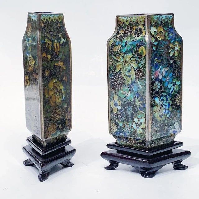 Antique Chinese Cloisonne Rare Rhombus Shaped Vases in Green With Rose Wood Stands, a Pair Depicting Beautiful Flowers in...