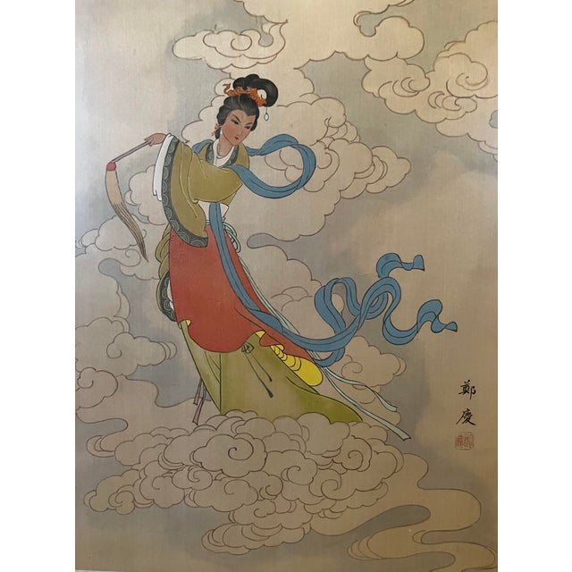 Vintage Mid-Century Chinese "Celestial Maiden" Silk Painting Signed Zheng Qing For Sale - Image 4 of 16