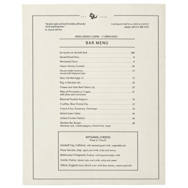 Paper Monkey Bar Hotel Elysee Nyc Restaurant Paper Menu New York City For Sale - Image 7 of 9