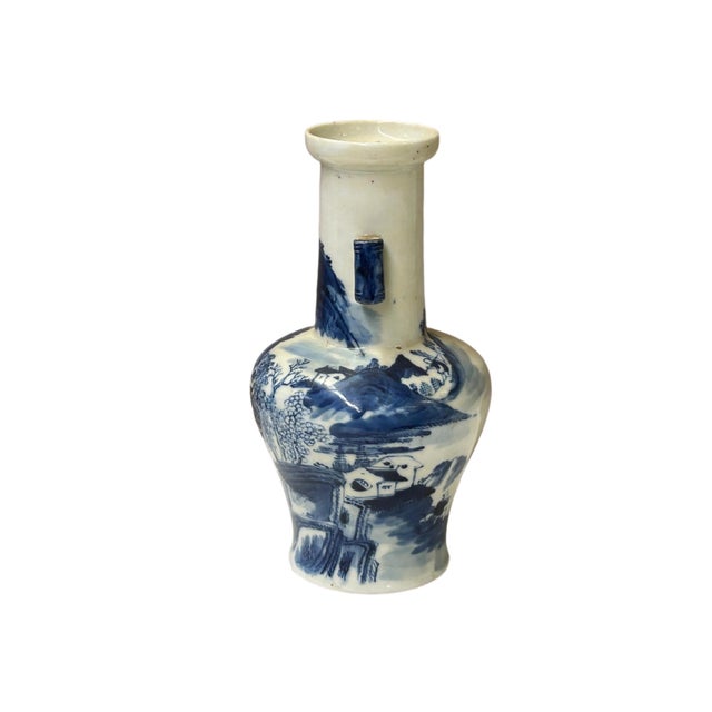 Asian Oriental Small Blue White Scenery Graphic Porcelain Art Vase For Sale - Image 3 of 15