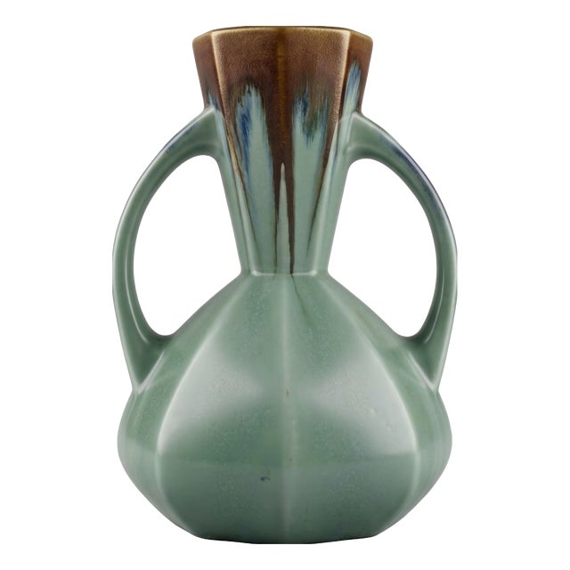 Art Deco Green and Brown Pour Glazed Vase from Faïencerie De Bruyn, France, 1940s For Sale