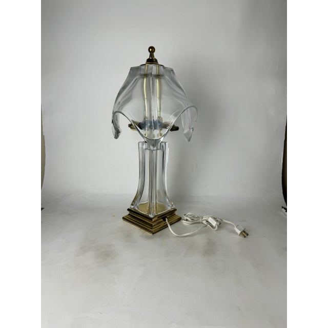 Gorgeous handblown crystal art glass table lamp with brass base, center and top, presumably by Cofrac Art Verrier in...