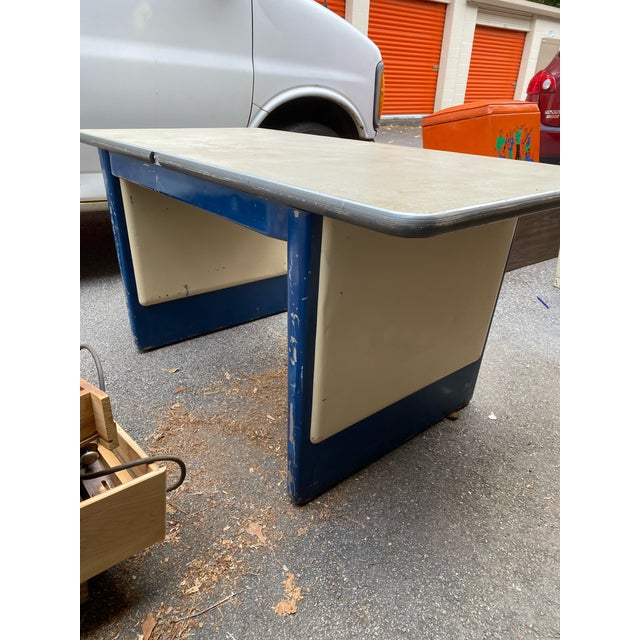 Metal Vintage Industrial Steel Work Desk With Blue Frame and White Formica Top For Sale - Image 7 of 9
